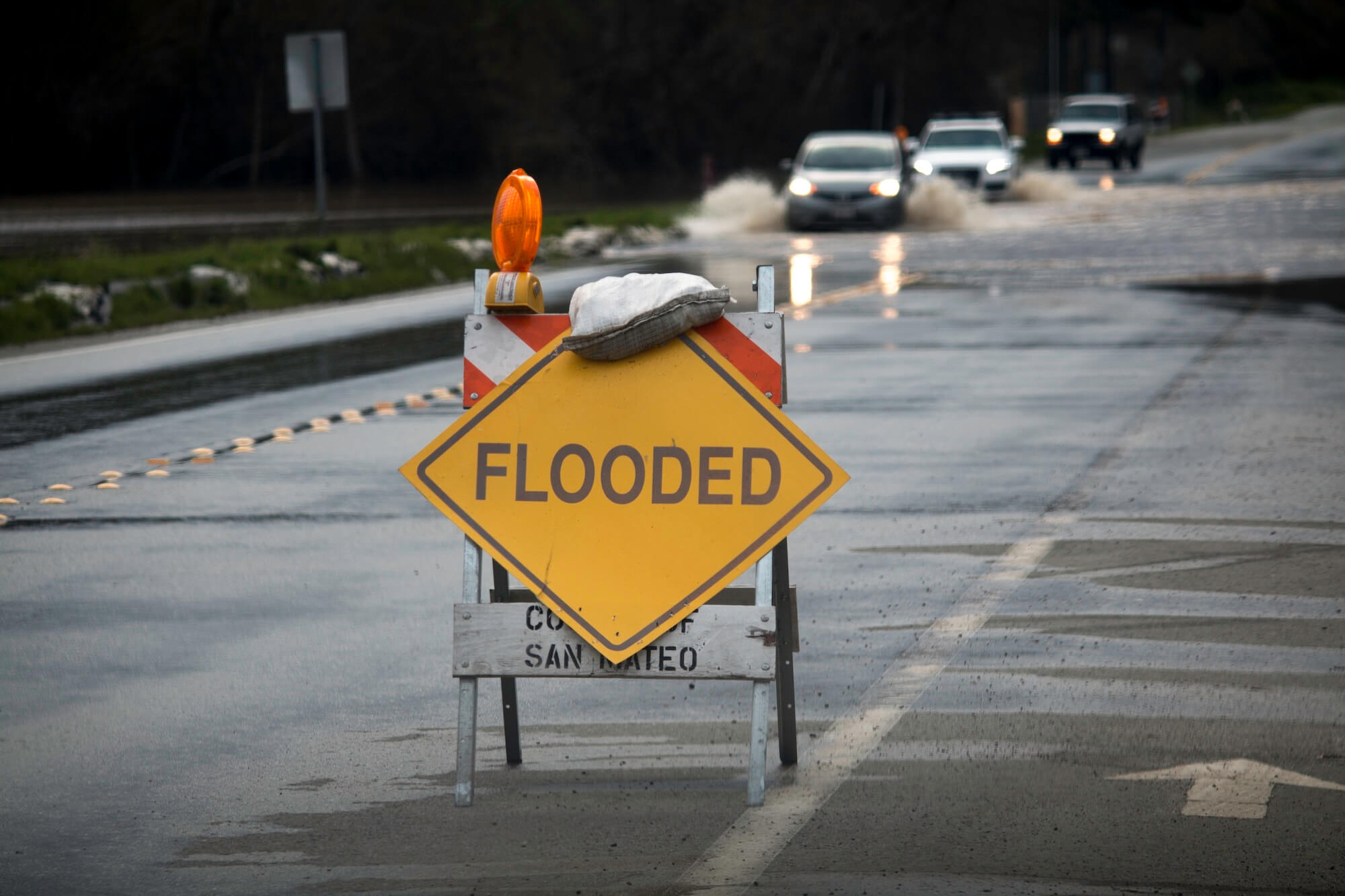 Flood warning road sign